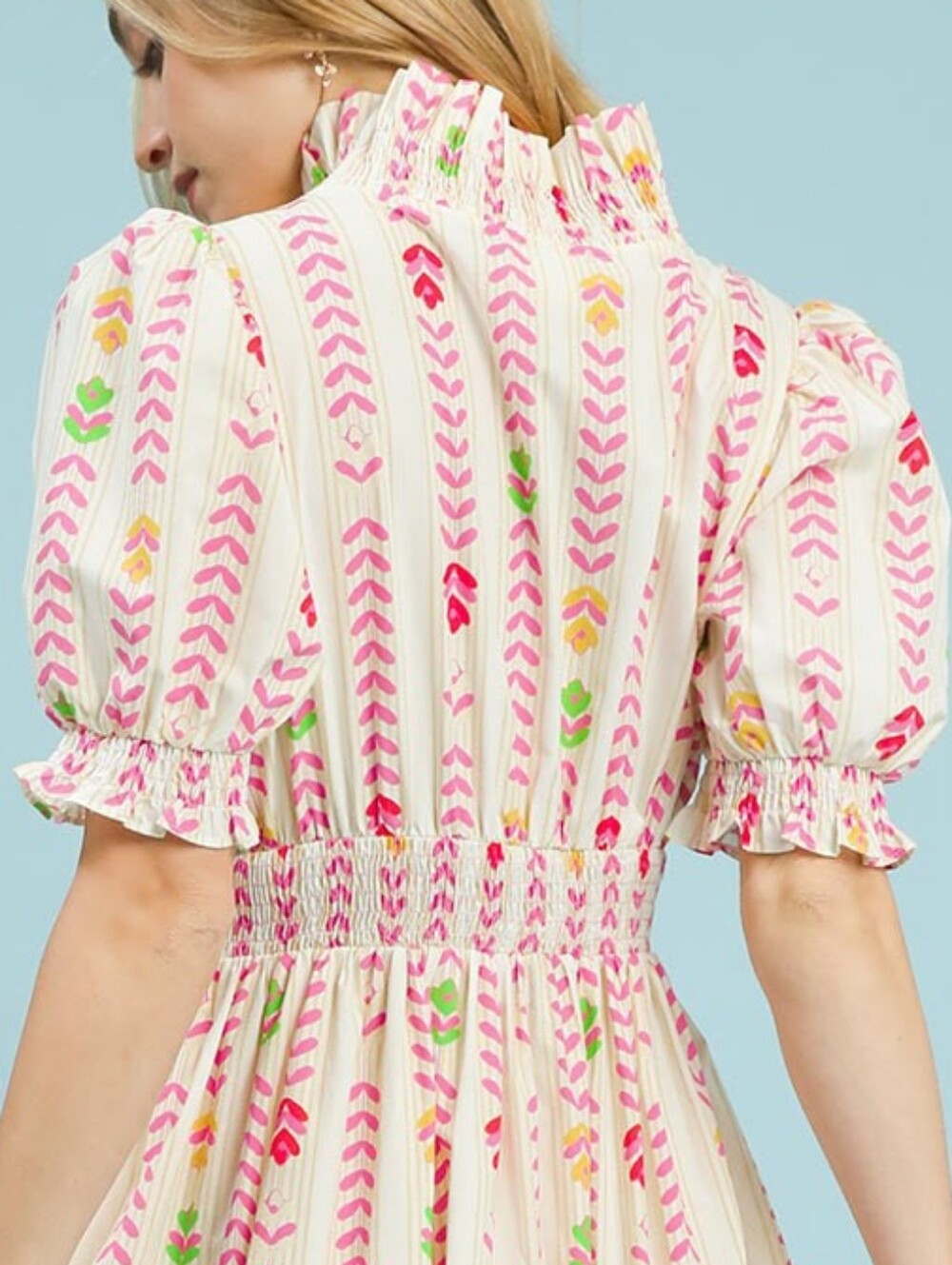 Umgee Cream Mix Floral Stripe Midi Dress - Pink & Green - Picture 7 of 7